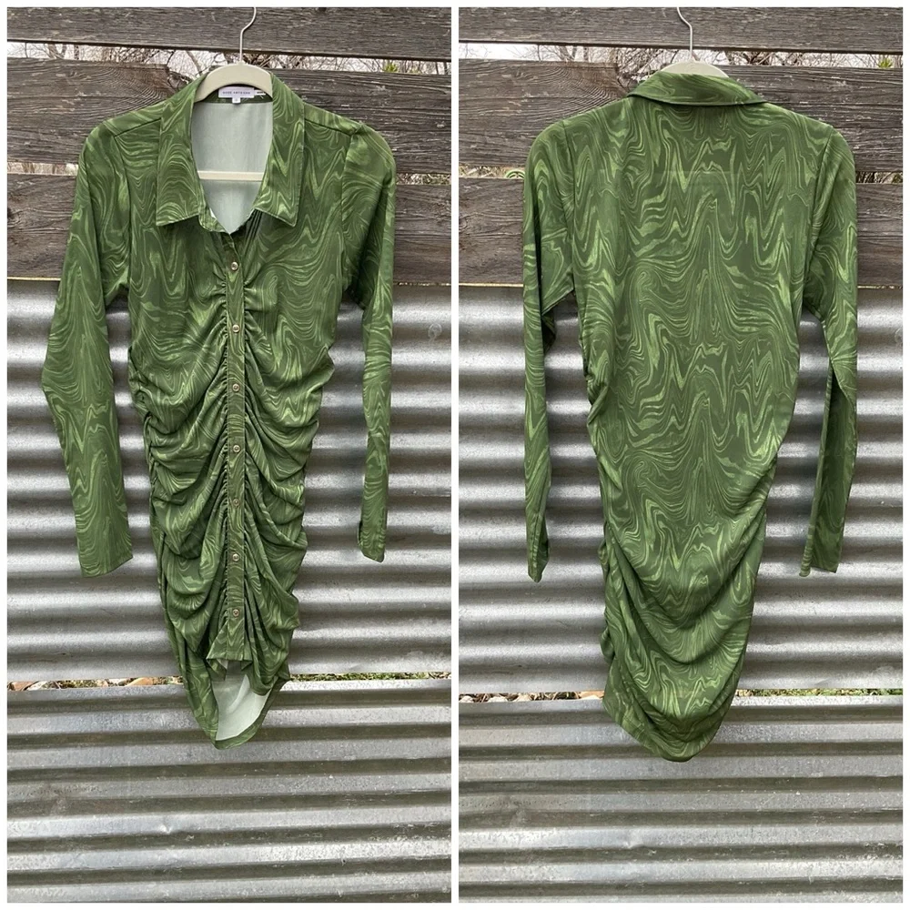 Good American Swirl Mesh Collar Ruched Button Front Dress Medium